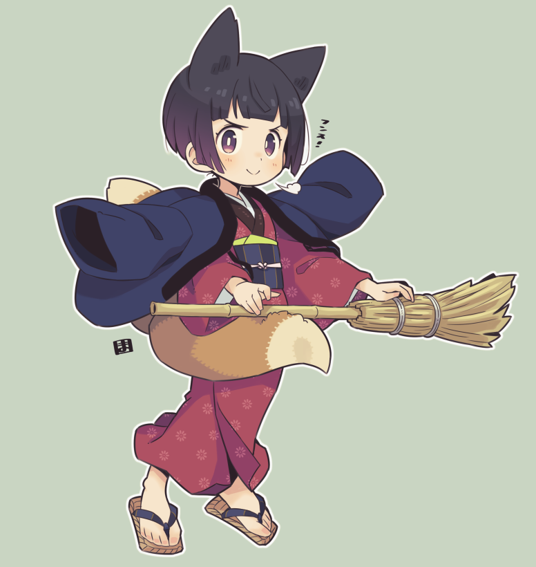 1girl solo japanese clothes kimono animal ears black hair broom  illustration images