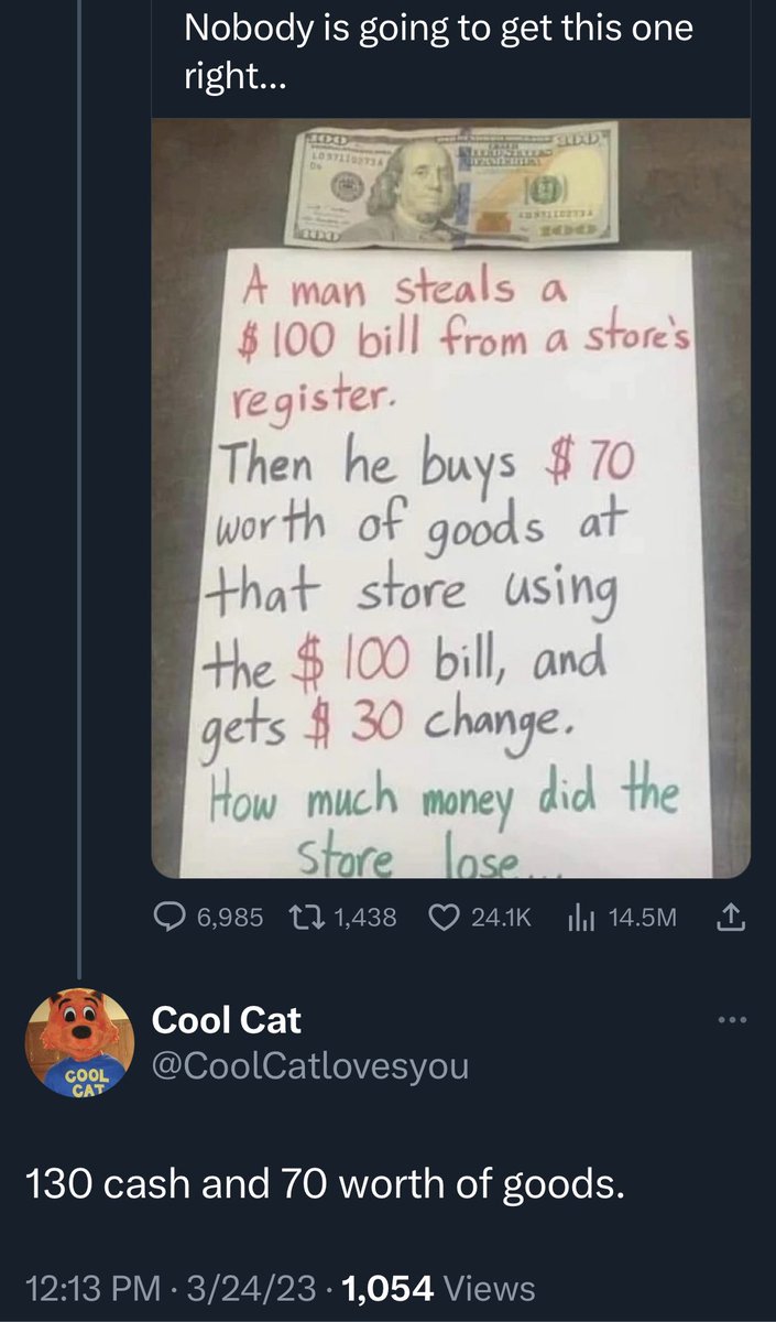 BadCoolCat's tweet photo. Cool Cat can’t math.
100-30= 70. So $70 in food +$30 cash. Still $100, not $130 and $70 in food because technically the store got $70 back in trade for the food. #BadCoolCat https://t.co/WnICmFjAM7