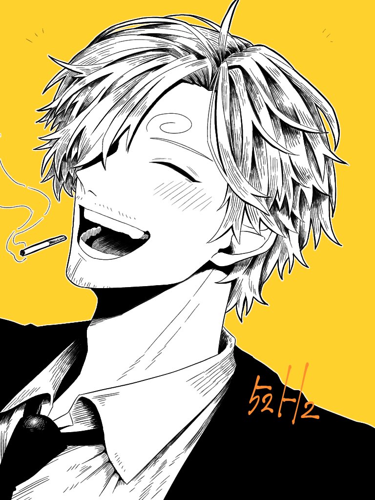 sanji (one piece) 1boy male focus facial hair solo closed eyes necktie hair over one eye  illustration images