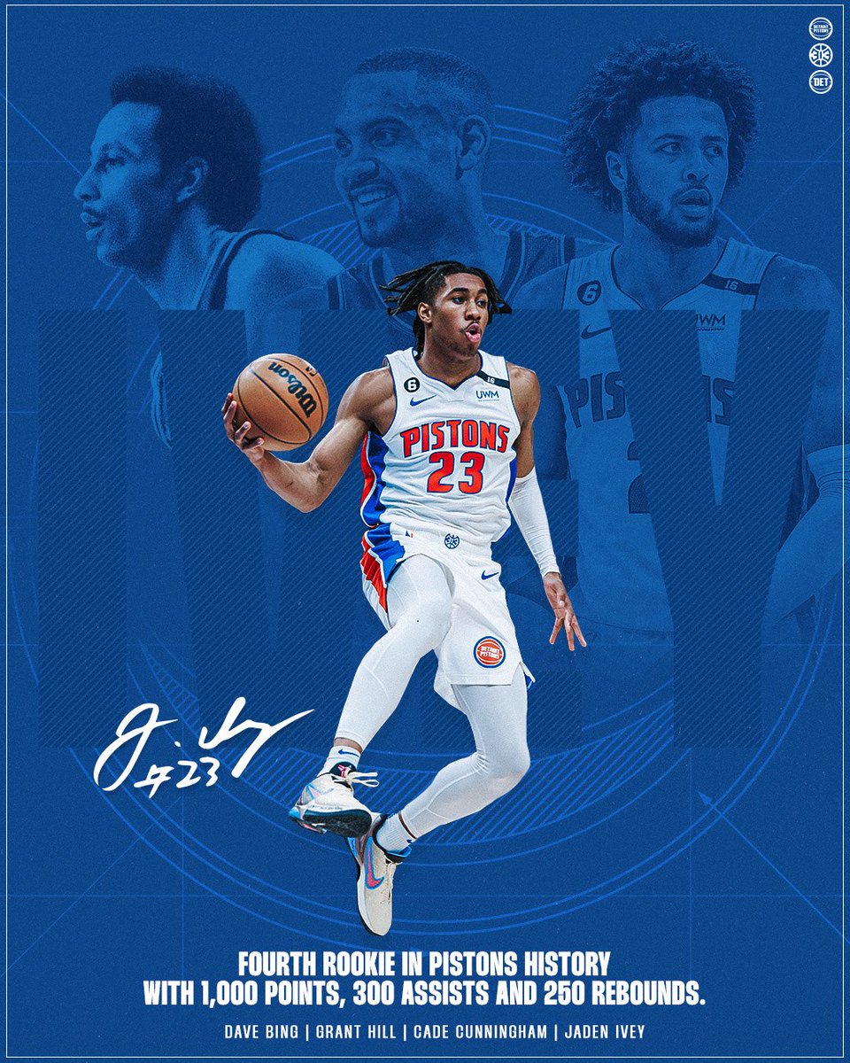 DetroitPistons's tweet photo. A historic rookie season from @IveyJaden📊

Swipe for the three-pointer that put him over 1,000 points! ➡️ https://t.co/g5uNAG53Ds