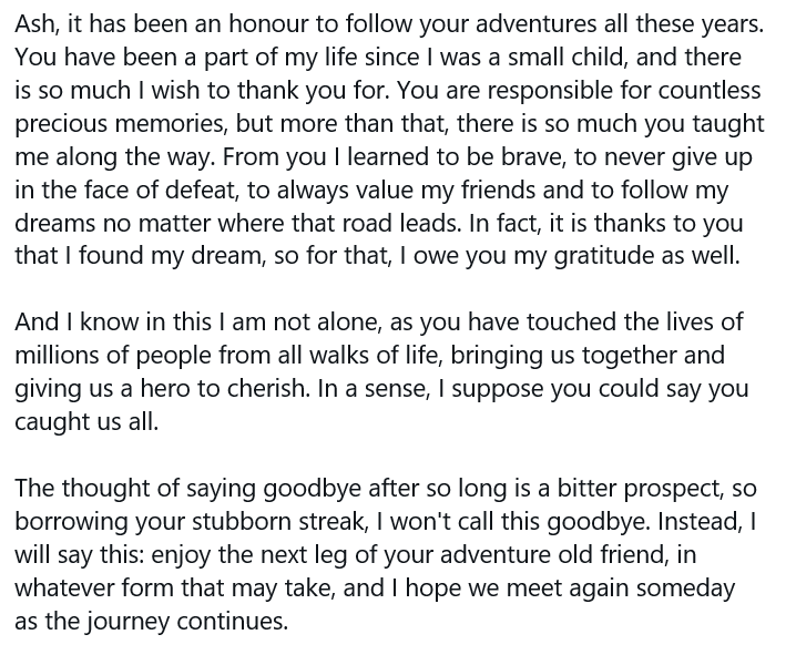 PickledDill128's tweet photo. I meant to write this as a tweet but when I started I couldn't confine my thoughts and feelings to just a few hundred characters. So here is my farewell message to Ash Ketchum:
#ThankYouAshAndPikachu #anipoke #AshKetchum #Pikachu #Pokemon 
@TheVeronicaT @sarahnatochenny https://t.co/FL949gnlUe