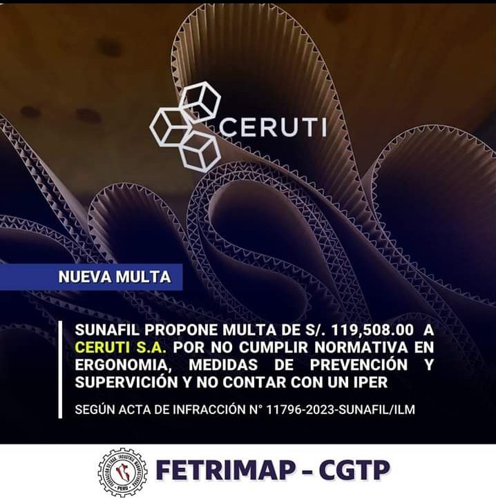SINDICATOCERUTI's tweet photo. #SUNAFIL propone multa de S/. 119,508.00 a CERUTI FABRICA DE ENVASES DE CARTÓN por incumplir con nomas laborales en materia de SST.

FETRIMAP #CreandoPoderSindical https://t.co/WVRoTlQomx