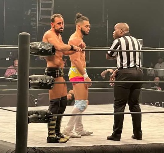 CCWAliveTV's tweet image. CCW represented tonight at #AEWDark!

CCW World Heavyweight Champion @Ariel_Levy and CCW Tag Team Champions @TheQrown!