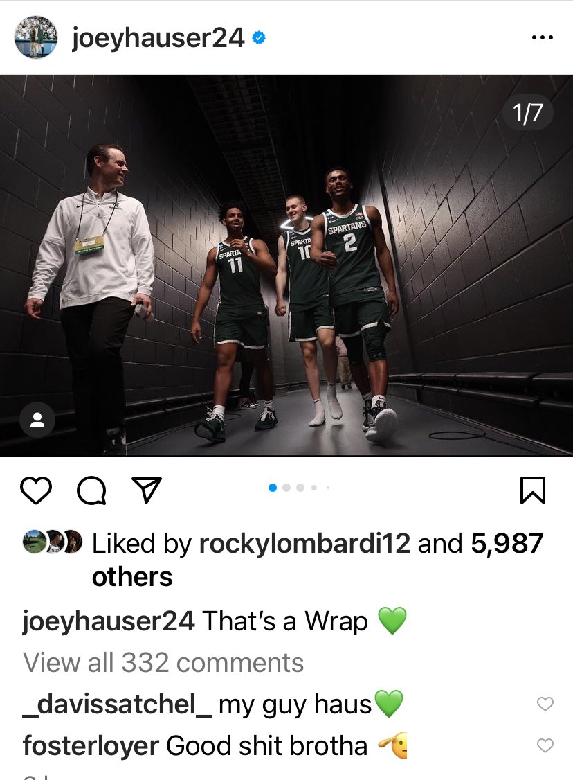 chrissolari's tweet photo. No surprise Joey Hauser is done with his college career and getting a lot of love from his MSU teammates on Instagram. The second part is 🤔 https://t.co/VqVCkVJZTU
