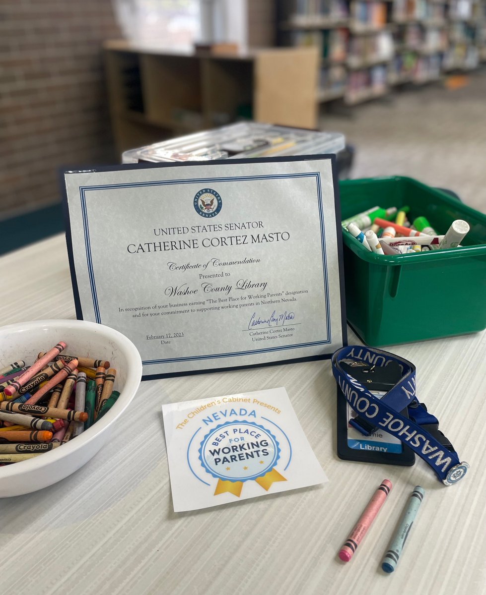 WashoeLibrary's tweet photo. We love our amazing library staff and are honored to have earned a #BestPlaceForWorkingParents designation! Many thanks to Senator Catherine Cortez Masto and the @ChldrnsCabnt for the recognition. #BP4WP https://t.co/KUN0BM2arY