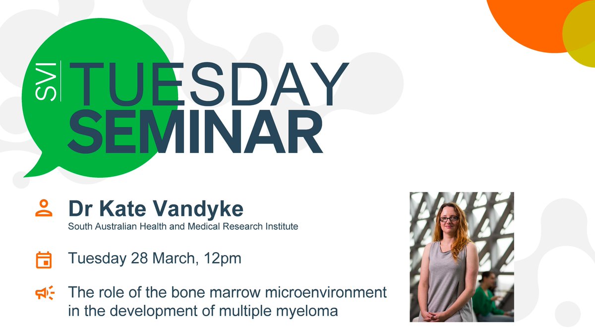 Join us this coming Tuesday 28th March @ 12pm when we welcome Dr <a href="/vandyke_kate/">Kate Vandyke</a> from <a href="/sahmriAU/">SAHMRI</a>, who will speak on:

"The role of the #bone marrow microenvironment in the development of multiple #myeloma". 

In person and on Zoom. More details at bit.ly/2t638Ck