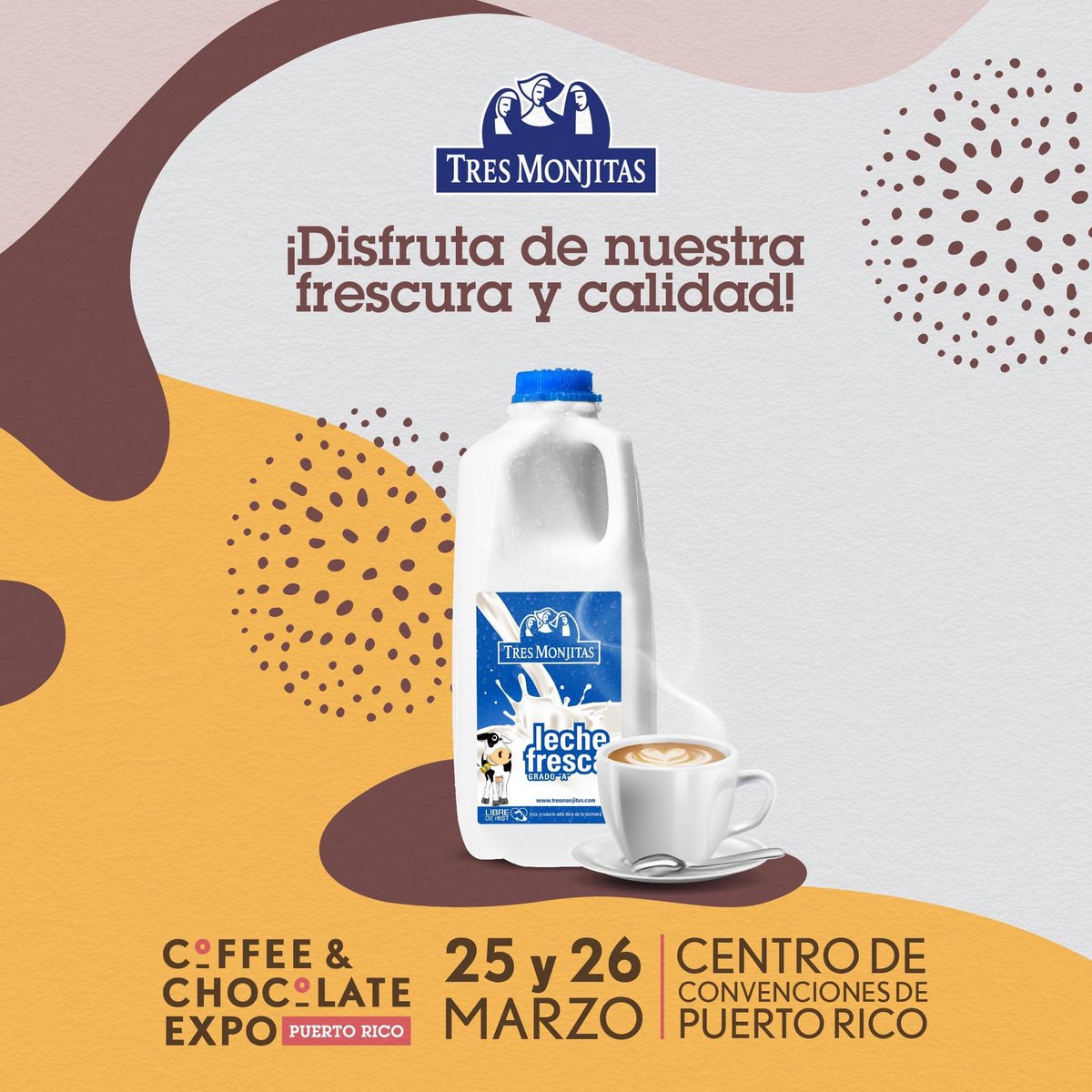 CoffeeChocoExpo's tweet photo. ¡Atención amantes del café y chocolate! Este fin de semana Tres Monjitas estará presente en el Coffee &amp; Chocolate Expo con la leche oficial del evento, ¡LECHE FRESCA TRES MONJITAS! 

🥛 Pasa por su booth para degustar el café y variedad de sus productos. ¡Los esperamos! ☕️ 🍫 https://t.co/OeeEBvU70n