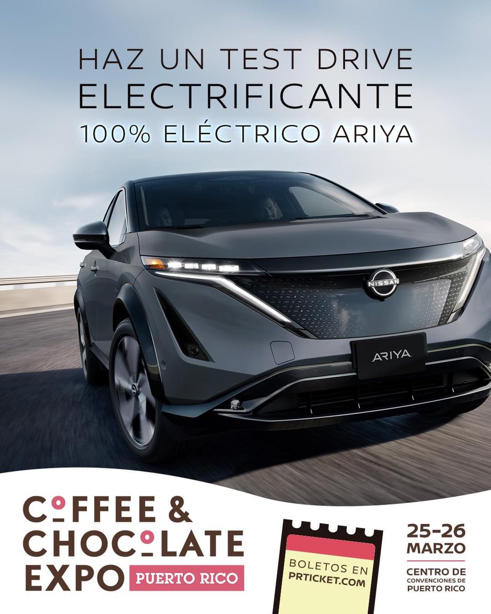 CoffeeChocoExpo's tweet photo. Te invitamos al Coffee &amp; Chocolate Expo donde estaremos presente con varios de nuestros modelos 🤩 Visita el "lounge" del crossover 100% eléctrico #ARIYA y haz tu prueba de manejo más electrificante 🚙⚡️ ¡Te esperamos! 🙌 #NissanPR Nissan https://t.co/CSwh6oaksc