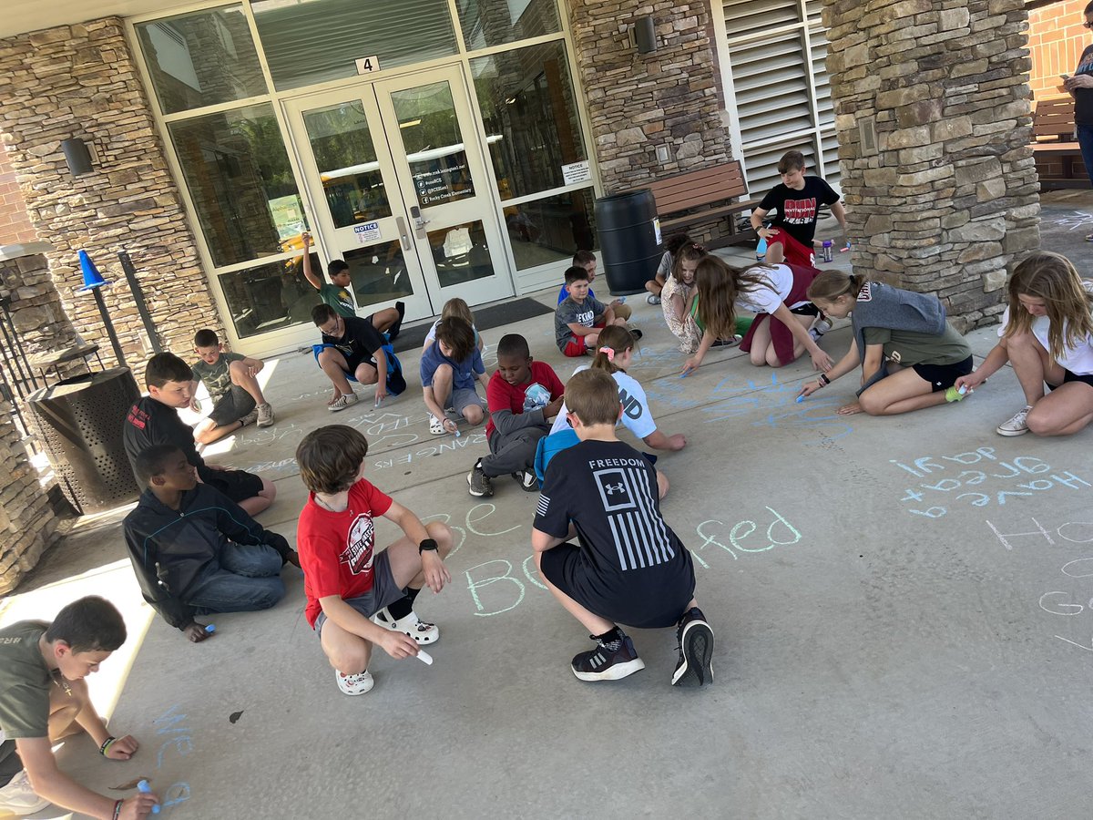 Brought our #Unified PE buddies out to write messages of Inclusion and kindness after we practiced our events. #RangerStrong #UnifiedChampionSchool #ChoosetoInclude <a href="/RCESLex1/">Rocky Creek Elem.</a>