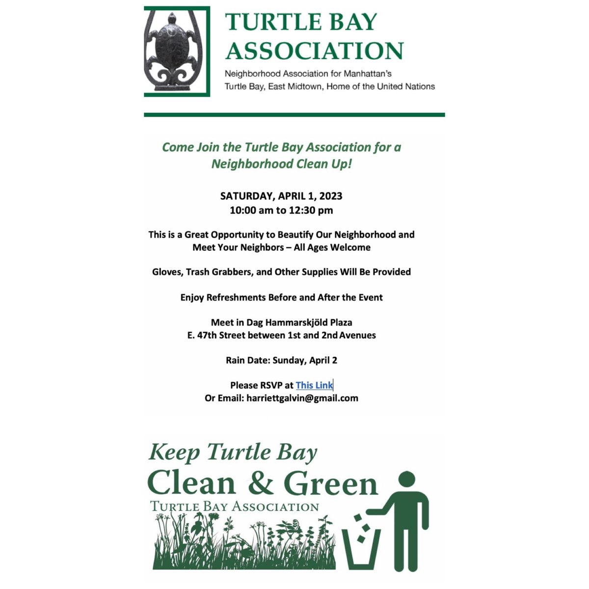TurtleBayAssoc's tweet photo. Come join the Turtle Bay Association for a Neighborhood Clean Up!

DATE: Saturday, April 1, 2023
TIME: 10:00 am - 12:30 pm
LOCATION: Dag Hammarskjöld Plaza at East 47th between 1st &amp; 2nd Avenues https://t.co/AK0bU9hNdd