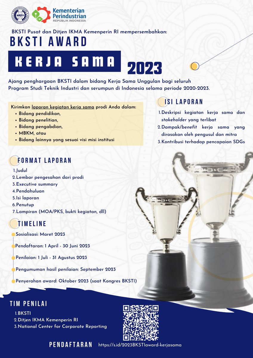 BKSTI_Pusat's tweet photo. BKSTI &amp; Ditjen IKMA Kemenperin RI mengundang bapak ibu kolega TI &amp; serumpun untuk ikut memeriahkan BKSTI Award - Kerja Sama 2023 🏆 semoga sukses! https://t.co/UsVfTk2Amb