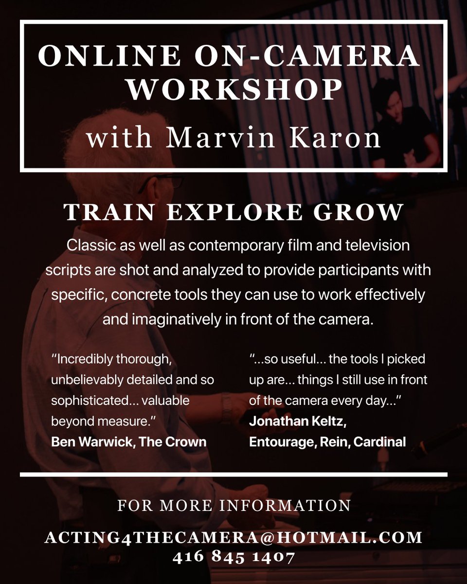 MarvinKaron's tweet photo. Auditors invited to log on to my wksp Sat Mar 25 or Apr 1. Email acting4thecamera@hotmail.com for Zoom specs #acting #artist #actors #laactors #ukactors #actorslife #onlineactingclasses #zoomactingclasses #Torontoactingclasses #actingtraining #actingteacher #actingcoach https://t.co/zbfHIArfw0