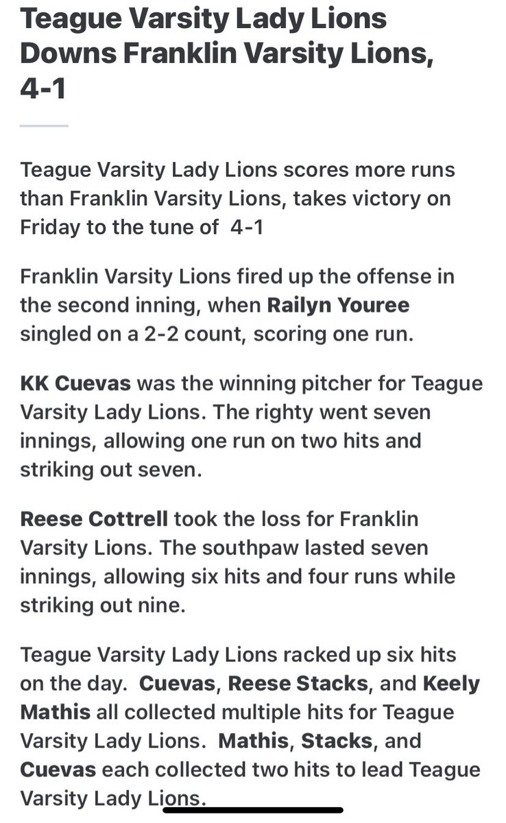 teague_ladylion's tweet photo. Huge TEAM win over Franklin tonight!! 6-0 in district 💪🏼🦁

@KayleeC2024_29 2-3 &amp; threw 7 Ks, only allowing 2 hits 
@KeelyMathis1 2-3, 1RBI 
@ReeseStacks 2-3, 1RBI
@linamj0509 1RBI https://t.co/lpAl9ZQbqw
