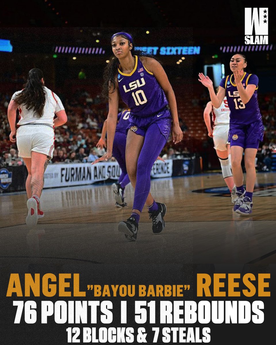 Angel Reese is ONE OF ONE as she is now the only player across Division I basketball, WNBA, and NBA to record: 76 Points, 51 Rebounds, 12 Blocks and 7 Steals in the span of three games.