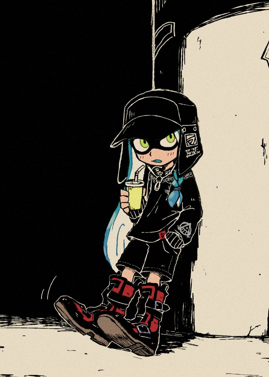 inkling ,inkling girl 1girl green eyes hat cup boots solo tentacle hair  illustration images