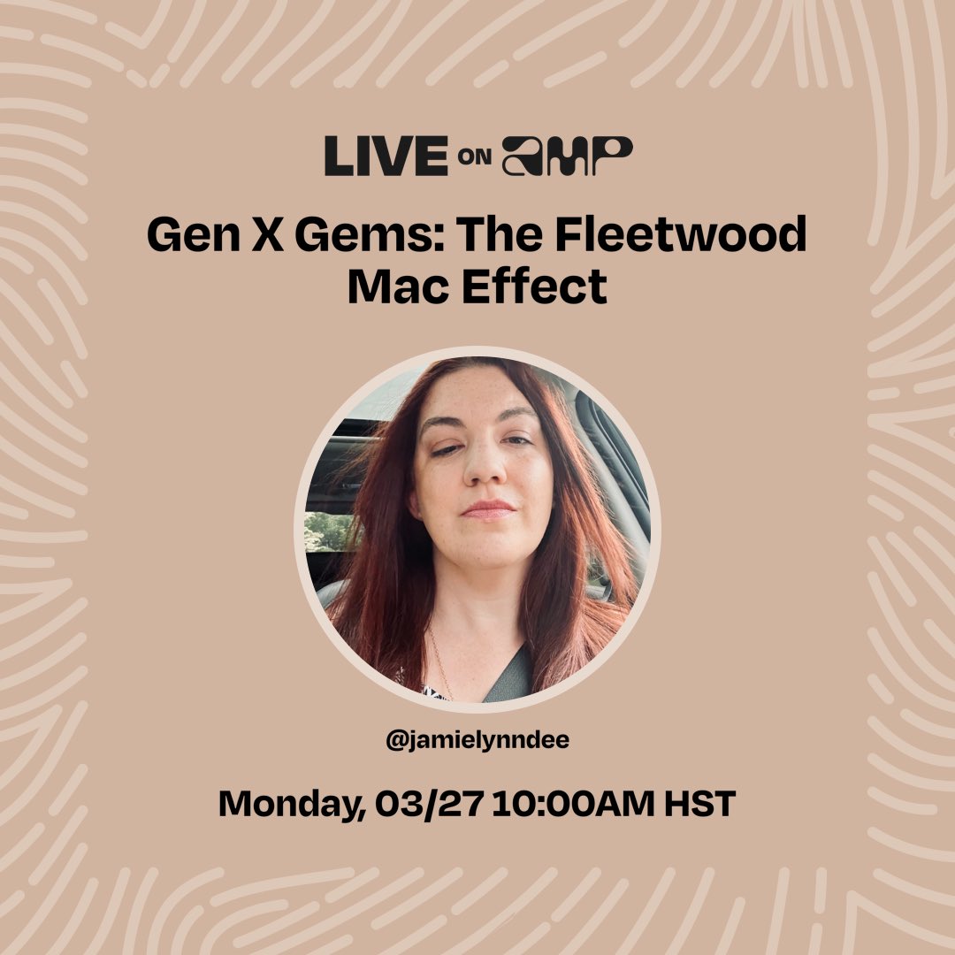 jamielynn's tweet photo. My show, Gen X Gems: The Fleetwood Mac Effect, is set to go live on Amp on 3/27 at 10:00 AM HST. Follow me to listen! https://t.co/YIbXhErnub https://t.co/iRHljfURmZ