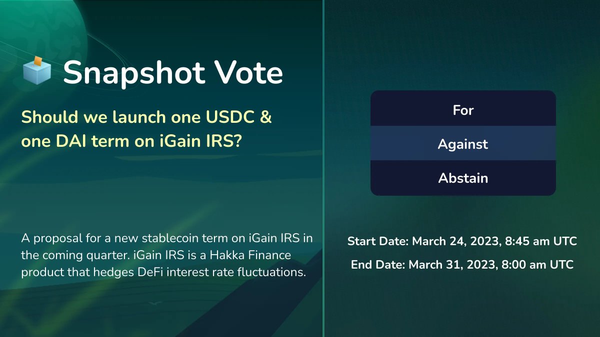 ⚡️ We need your vote on Snapshot!

👉 Regarding new stablecoin terms on iGain IRS, should we launch one in $USDC and one in $DAI for the coming quarter?

🗳 Vote with your $sHAKKA tokens: bit.ly/3K34eEm