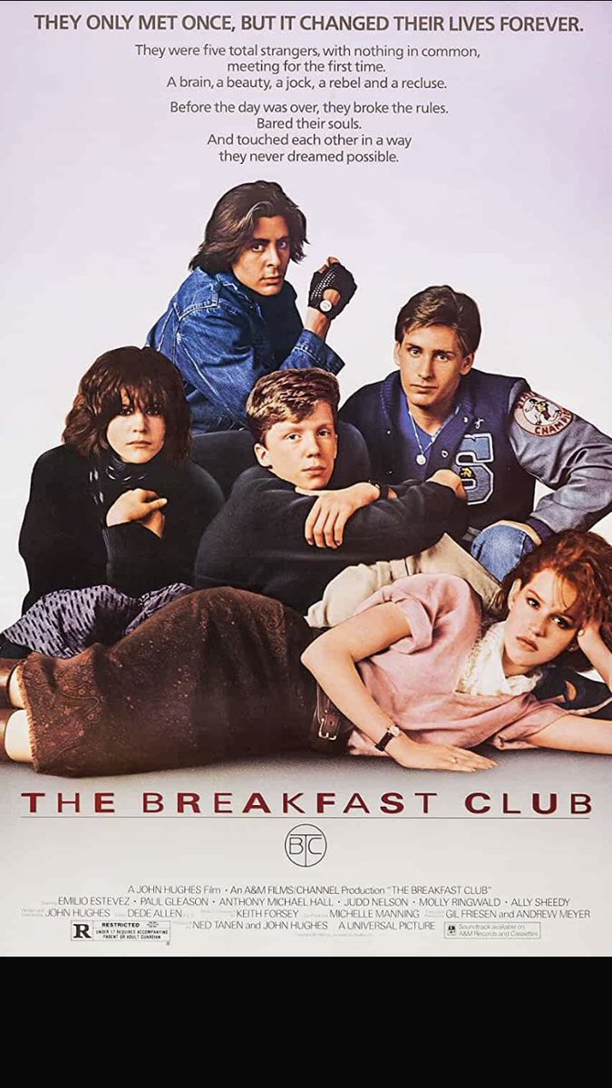 #NowWatching The Breakfast Club (1985)#FilmTwitter #DramaFilm #HorrorFam #MutantFam 

Tagline~ They only met once, but it changed their lives forever.