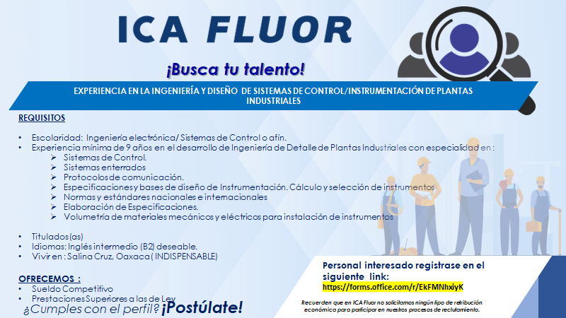ICAFluorOficial's tweet image. ICA Fluor busca tu talento. #IngenieríaElectrónica #SistemasDeControl Exp 9 años min.  Inglés intermedio Vivir en #SalinaCruz Ver imagen Aplicar con código QR

 #ConstruimosConValores #ReclutamientoSeguro  #OportunidadLaboral
#Equidad #NoDiscriminación