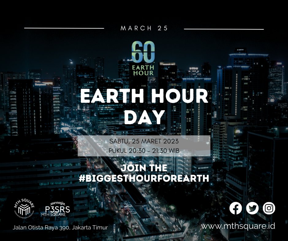 Jadilah bagian dari #EarthHour 2023 dengan menunjukkan #IniAksiku #1JamUntukBumi pada hari ini, Sabtu, 25 Maret 2023, pukul 20:30 WIB hingga 21:30 WIB.
Join the #BiggestHourForEarth
.
#mthsquare
#mthsquarejakarta
#komunitasmths
#p3srsmthsquare