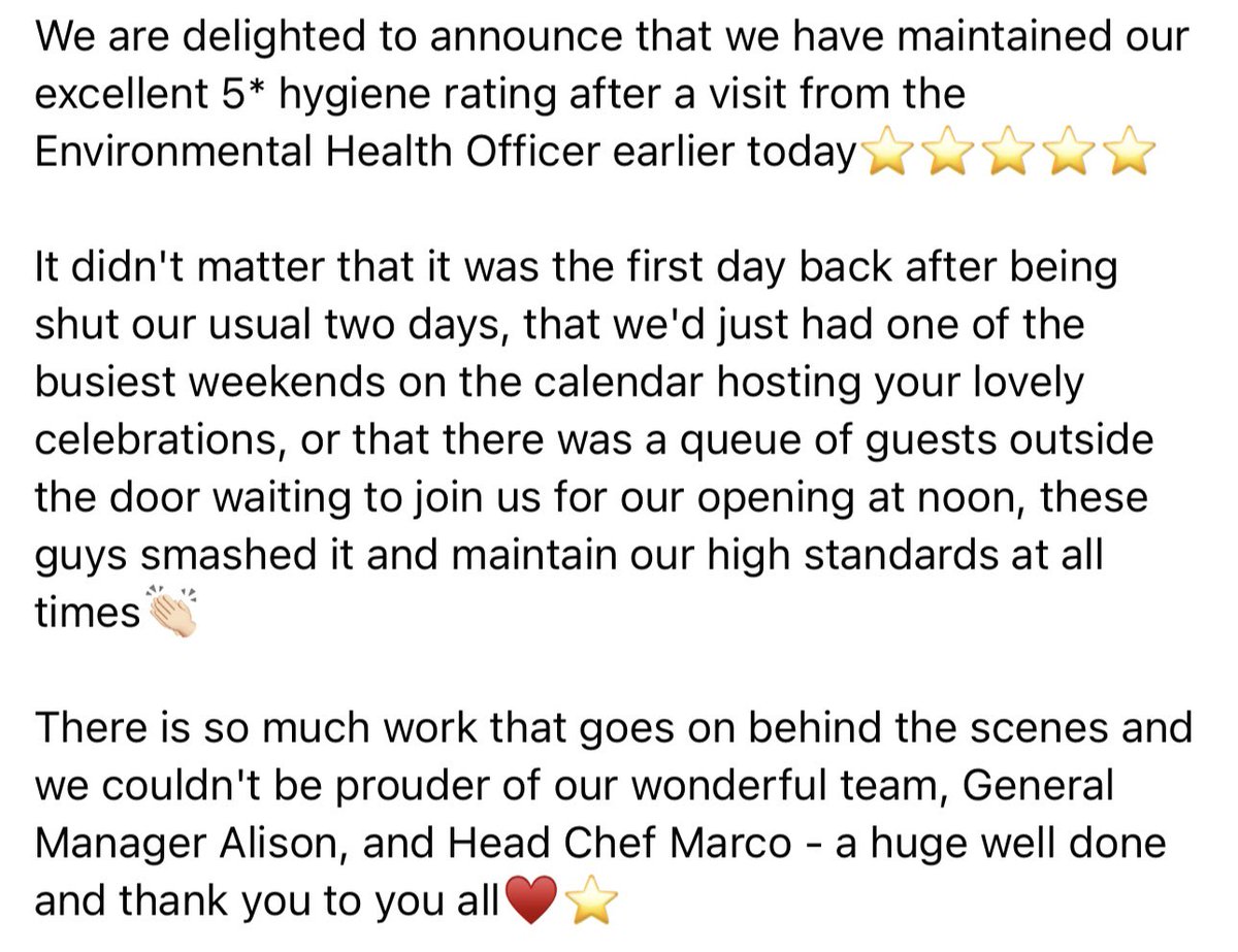 roccostickhill's tweet photo. We are delighted to announce that we have maintained our excellent 5* hygiene rating⭐️⭐️⭐️⭐️⭐️ https://t.co/LGaEcaqwBJ