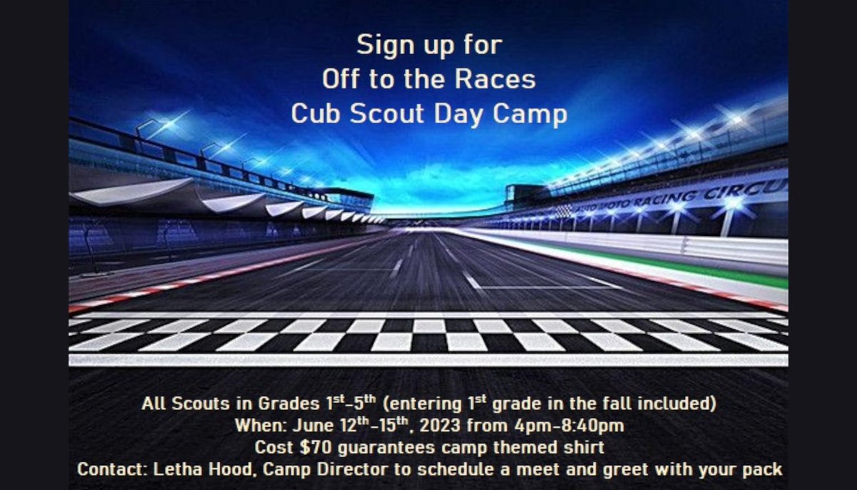 Don't miss out on the chance to join us at Cub Day Camp "Off to the Races"! 

With exciting racing games, derby car building, and more, you'll have a blast with your fellow scouts. Hurry! The registration deadline is coming up fast!

More information here: seqbsa.org/san-joaquin-da…