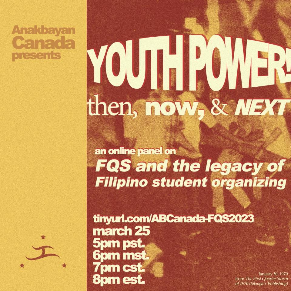 TOMORROW <a href="/AnakbayanCanada/">Anakbayan Canada</a> is hosting an online panel, “Youth Power! Then, Now, and Next“ to link our organizing to the legacy of Filipino student organizing during the #FirstQuarterStorm.  

🔗 Register here! tinyurl.com/ABCanada-FQS202