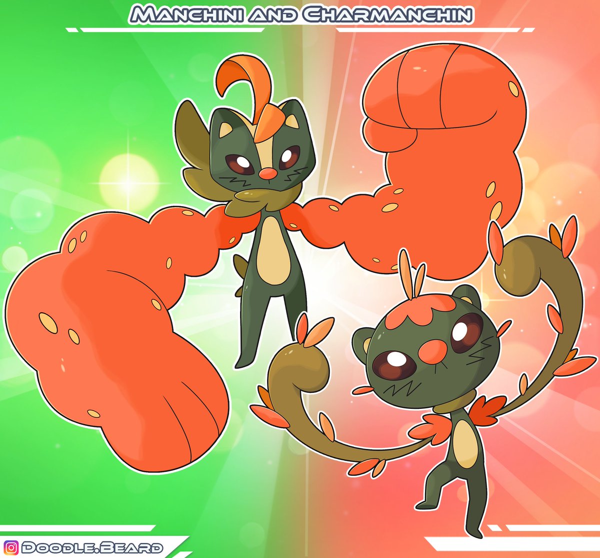 Say hi to Manchini and Charmanchin, Grass/Fire Type Pokemon. #pokemon #fakemon #bush #burnbush