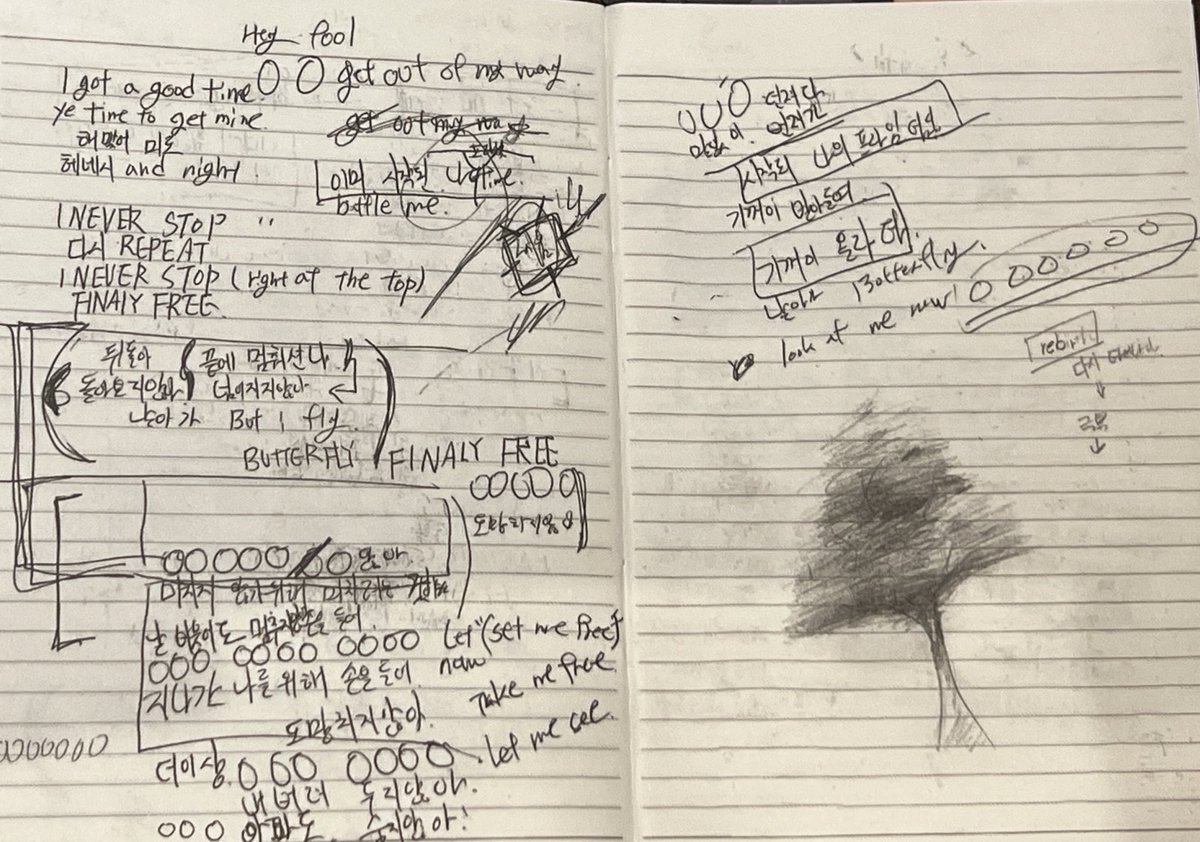 jmfolder's tweet photo. jimin's writing/drafts for all the songs on face,, i love seeing his raw writing process through scribbles, crossouts, little pictures and "ooooo"s it makes the songs feel even more personal and human than they already are https://t.co/bVhqq7y88O