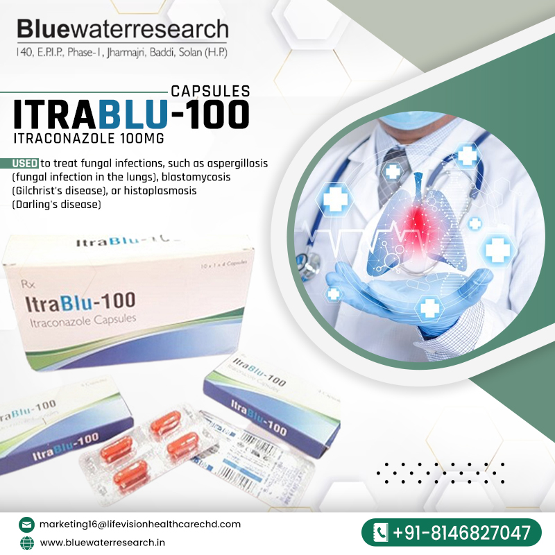 Itrablu-100 Capsules by Blue Water Research 
#franchise #pharmacy #capsules #PharmaFranchise #fungaltreatment #PharmaBusiness #histoplasmosis #healthcare #Aspergillosis #pharmafranchisecompany #blastomycosis #pharmafranchisecompanies #topharmacompany