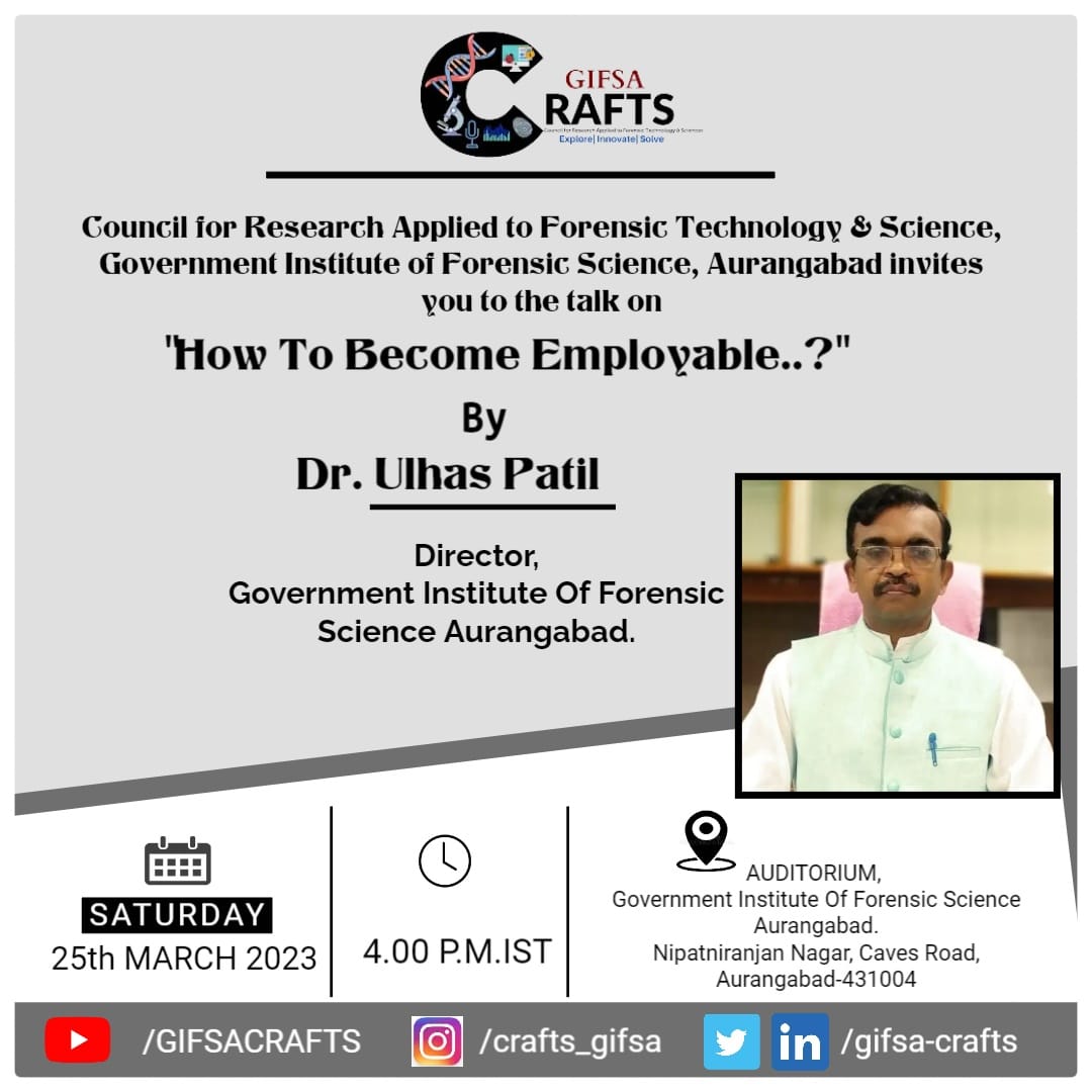 CraftsGifsa's tweet photo. A Session on "How To Become Employable...?"By Dr.Ulhas Patil, Director Government Institute Of Forensic Science, Aurangabad. https://t.co/iSx8Ri8d0w