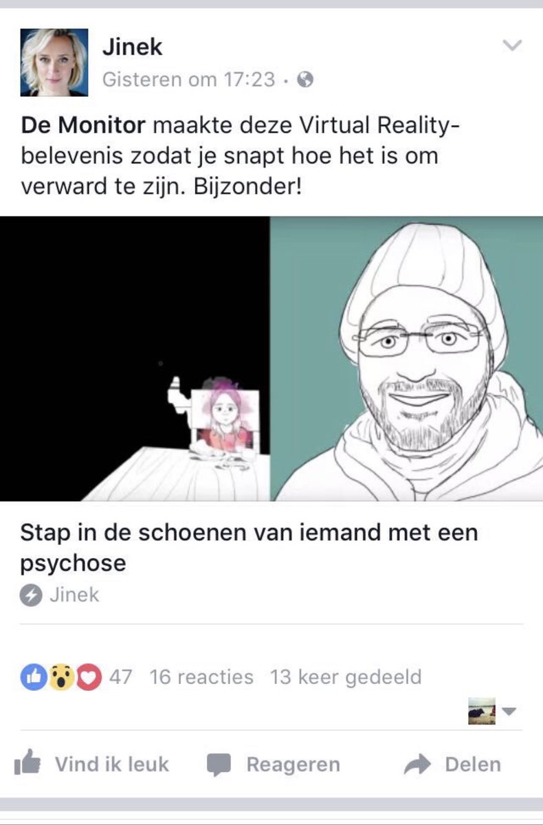 Verwarrendeman's tweet photo. https://t.co/ZZDKXWCRta

@Jinek_RTL  vond dit destijds bijzonder. De politie ook. 

Zes jaar en vele trainingen verder, is dit de oogst van mijn workshop met deze VR. Aad vertelt als politie onderhandelaar hoe ze nu handelen.. En met succes!
Dit maakt het pas echt bijzonder! https://t.co/7bioHFpfvA