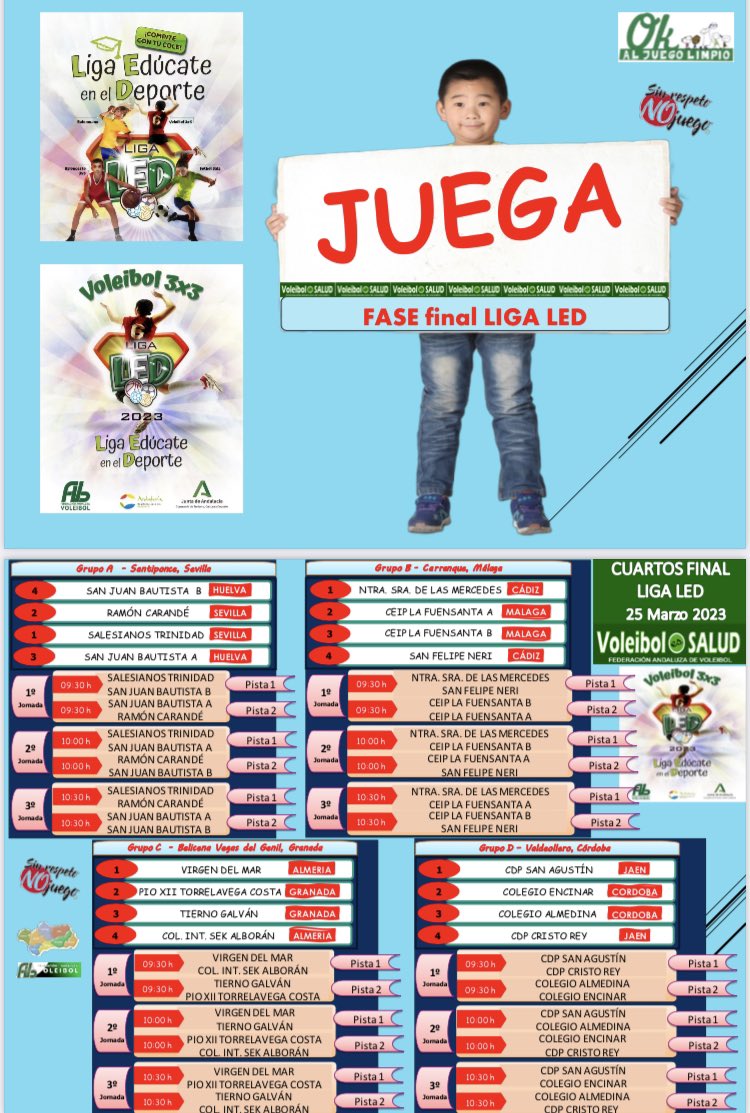 FAVB_'s tweet photo. ❇️ La ilusión y las ganas de jugar entre amigos se refleja en las caras de las promesas del voleibol andaluz que disputan los cuartos de final de la LIGA LED
✅ RECUERDA…..
Son niños
Solo quieren jugar
#VOLEYLED2023
@DeporteAND
@SuperVoleySpain
@TodovoleySpain https://t.co/DP3MW99bY3