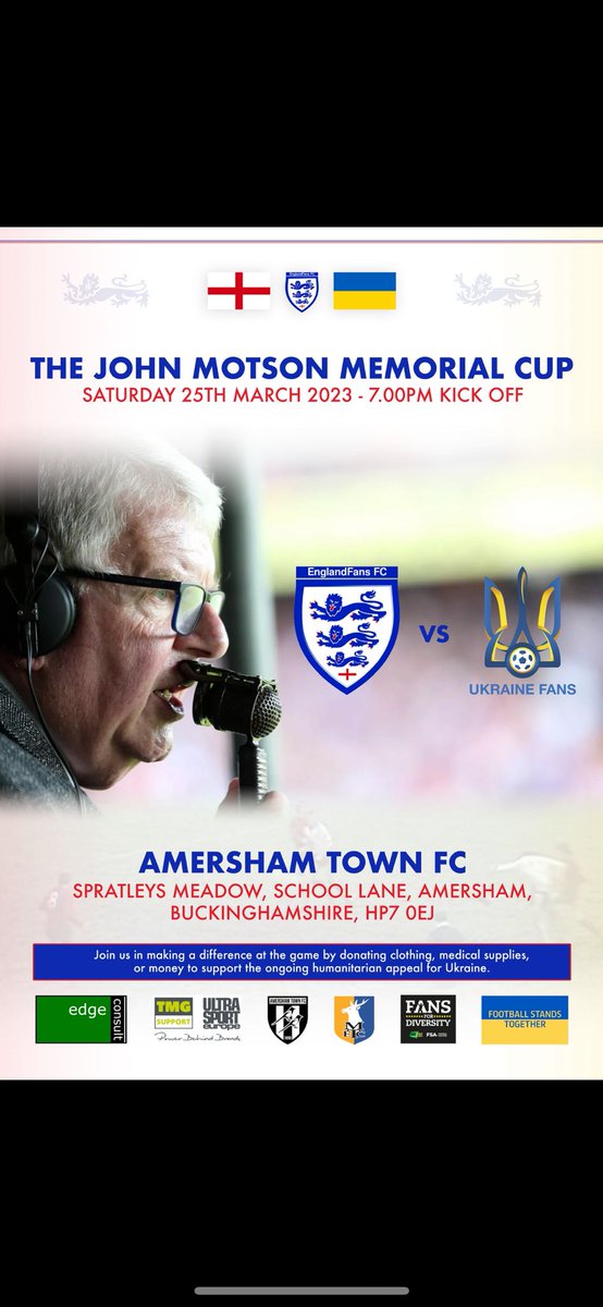 englandfansfc1's tweet photo. Mens Matchday | 

We welcome @uafukraine Fans to @AmershamTownFC for the John Motson Memorial Cup. On #NonLeagueDay. 

🏟 @AmershamTownFC
🕣 7pm
💷 Free Entry
Clubhouse Open
Programmes on sale

We would love your support. 

Please RT
@Ollie_Bayliss @UkrainianLondon https://t.co/WhNl6TXSZa