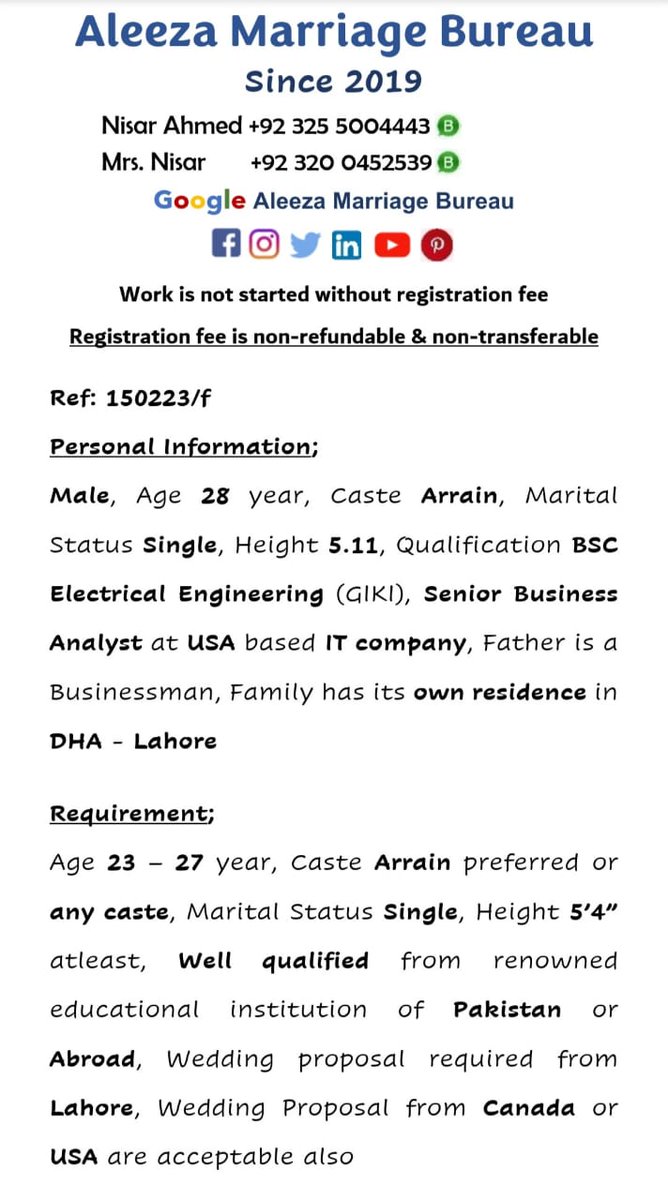 AleezaBureau's tweet image. #Male #28Year #Arrain 
#Single #5feet11inch
#BSC #ElectricalEngineering #GIKI
#SeniorBusinessAnalyst
#Lahore #DHA
#AMB #Registered