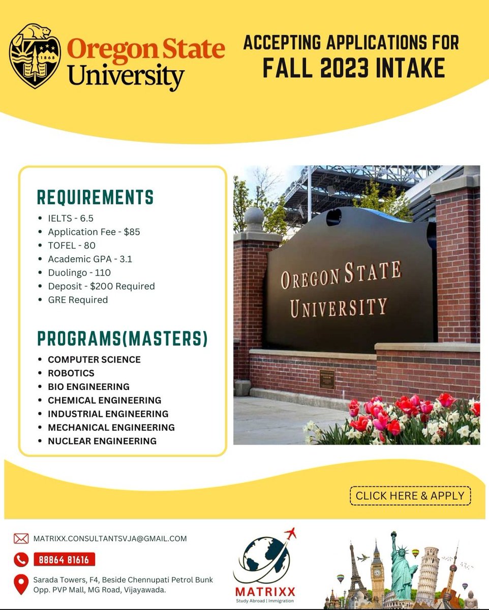 Are you searching for the best universities to study in #USA?

Here is a good opportunity to study in top university Connect with us at ✆ 88864 81616 & Enroll for #2023FallIntake Don't miss this opportunity. #USA2023Intake #USA #USAIntake #StudyInUSA #OregonStateUniversity