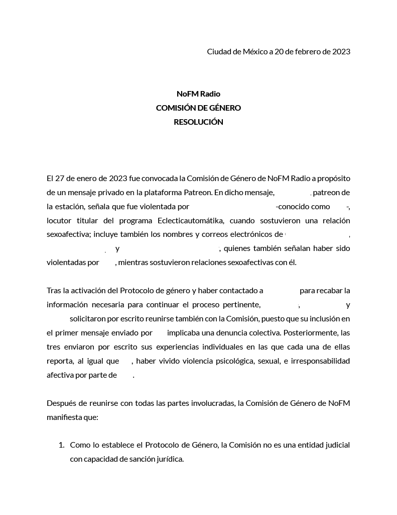 nofm_radio's tweet photo. Derivado de las publicaciones, videos y afirmaciones hechas recientemente, nuestra decisión, por transparencia, es hacer público este documento interno levantado el 20/02/23. Lo ponemos a su disposición entendiendo que ustedes tienen la última palabra. 

La aministración de NoFM. https://t.co/VWwVX45aBu
