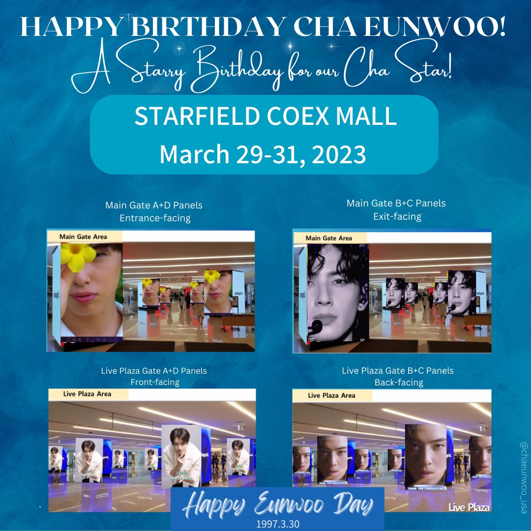 chaeunwoo_usa's tweet photo. ✨2023 CHA EUNWOO BIRTHDAY PROJECT 
✨A Starry Birthday for our Cha Star!✨

📍 STARFIELD COEX Mall 스타필드 코엑스몰, Gangnam-gu, Seoul, South Korea
📆: March 29-31, 2023

Happy Eunwoo Day! 
 #CHAEUNWOO #차은우 
#チャウヌ #车银优 #ชาอึนอู https://t.co/awN18PIARq