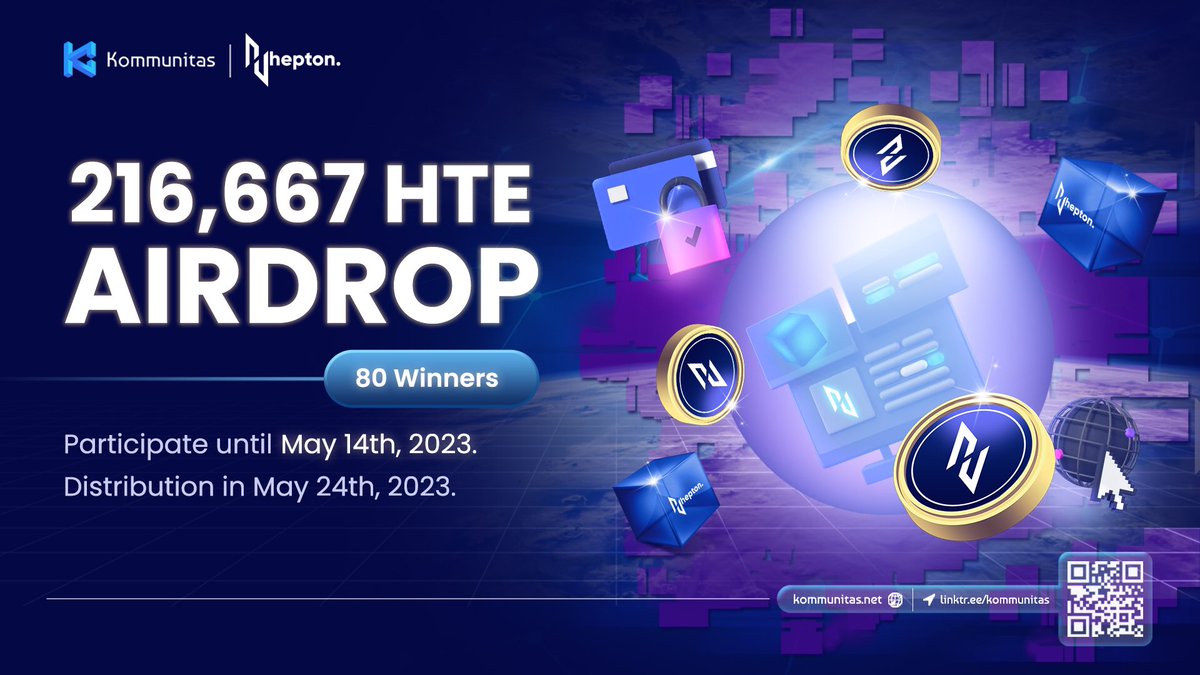 Hi, $KOMmunity!

⛓️ We have organized an #Airdrop giveaway for <a href="/HeptonL3/">HeptonL3</a> 

🤩 We want to share a total of 216,667 $HTE for 80 winners

💡This #giveaway will end on 14th May 2023 and the distribution date will be on 24th May 2023

➡️ Join here bit.ly/Hepton-Airdrop