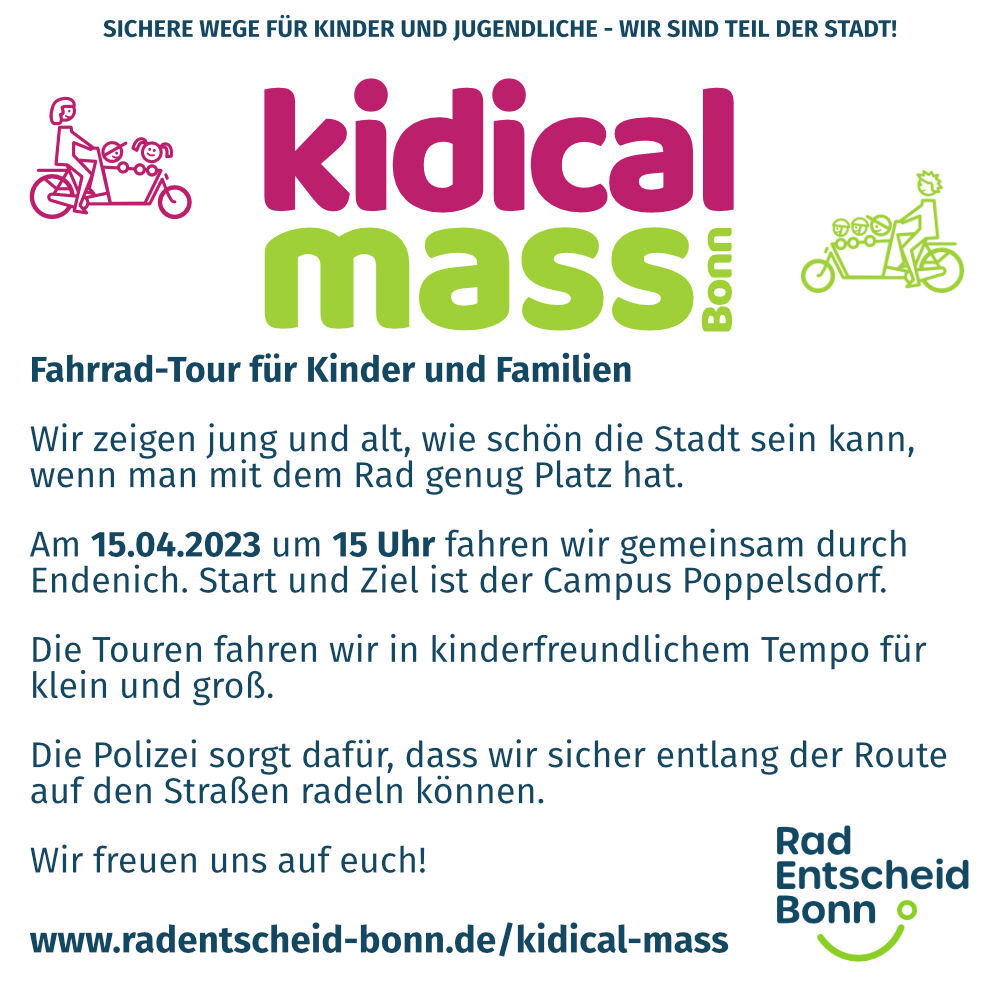 radentscheid_bn's tweet photo. Die #KidicalMass rollt wieder durch Bonn! Gleich zweimal im Frühling könnt ihr dabei sein: am 15. April in Endenich und am 6. Mai in der Innenstadt. Los geht es wie immer um 15 Uhr, Treffpunkt am 15.4. ist der Campus Poppelsdorf.

https://t.co/93AwHpRvK0 https://t.co/uDv5mdcHp9