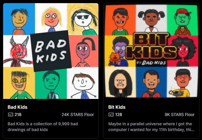 Stargaze在2022年3月进行创世mint，6月的时候进行复盘跑出来的头部是badkids和stargazepunks两个项目。
一周年之际， <a href="/badkidsart/">Bad Kids</a> 空投了bitkids，风头正盛。COSMOS生态NFT已经开始出现准蓝筹效应。