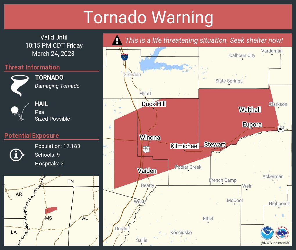 This graphic displays a tornado warning plotted on a map. The warning is in effect until 10:15 PM CDT. The warning includes Winona MS, Eupora MS and Vaiden MS.  This warning is for Eastern Carroll County in north central Mississippi, Webster County in north central Mississippi and Montgomery County in north central Mississippi. The threats associated with this warning are a observed tornado and pea sized hail. There are 17,183 people in the warning along with 9 schools and 3 hospitals.