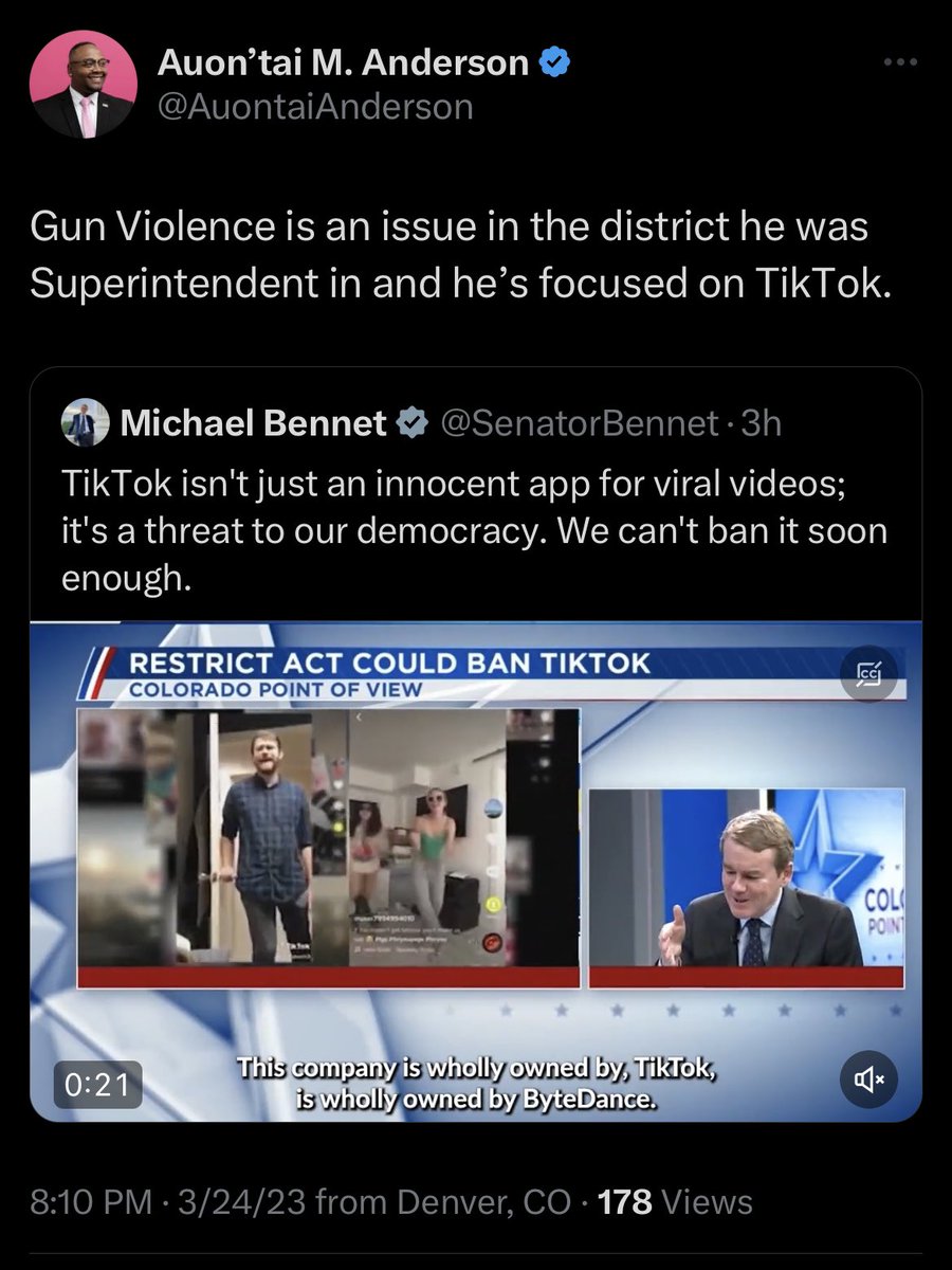 KyleClark's tweet photo. Hours after saying he was too physically weak to answer questions about guns/school safety until Monday, Denver Public Schools Board Director @AuontaiAnderson is back on Twitter criticizing @SenatorBennet over guns/school safety. #copolitics https://t.co/OfpvXfEDzR