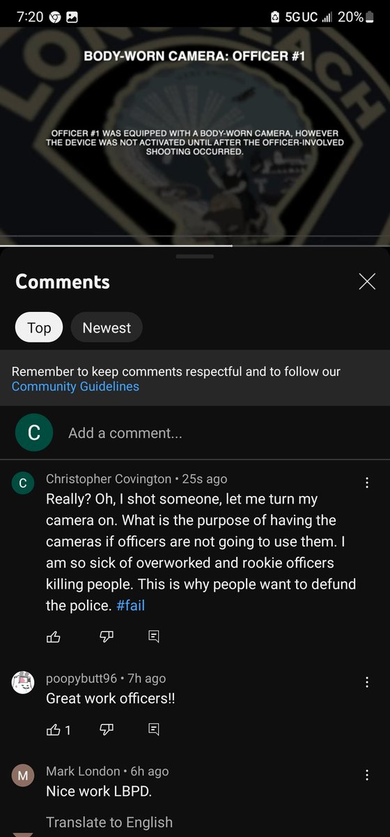 CovingtonLB's tweet photo. @LongBeachPost Really? Oh, I shot someone, let me turn my camera on. What is the purpose of having the cameras if officers are not going to use them. I am so sick of overworked and rookie officers killing people. This is why people want to defund the police. #fail https://t.co/DQruadnKNY