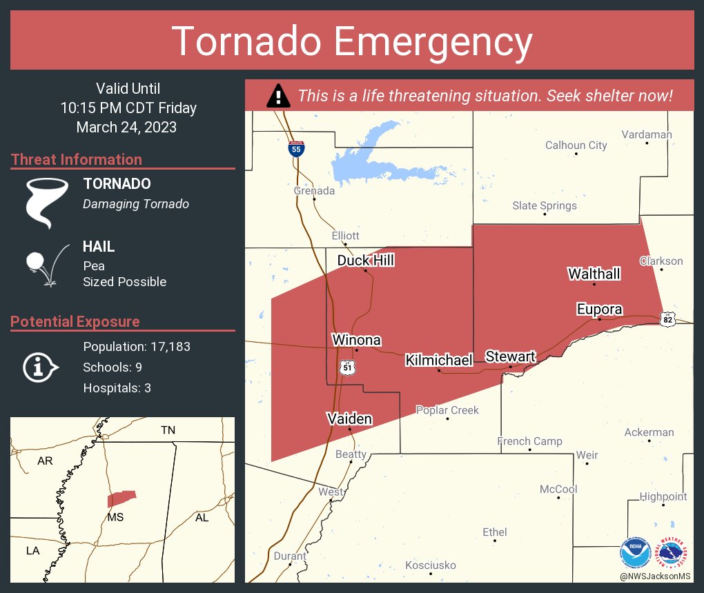 This graphic displays a tornado emergency plotted on a map. The warning is in effect until 10:15 PM CDT. The warning includes Winona MS, Eupora MS and Vaiden MS.  This warning is for Winona, , A Tornado Warning Remains In Effect Until 1015 Pm Cdt Eastern Carroll, Webster and Montgomery Counties. The threats associated with this warning are a observed tornado and pea sized hail. There are 17,183 people in the warning along with 9 schools and 3 hospitals.