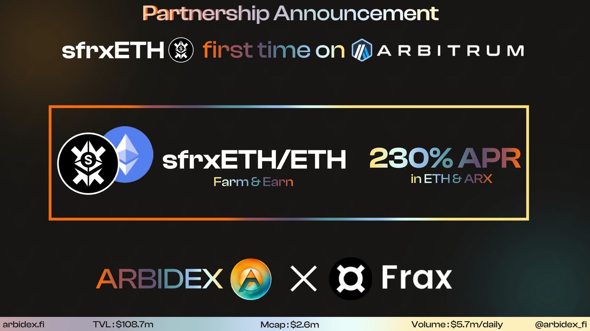 ArbidexFi's tweet photo. 🤝@fraxfinance  X @arbidex_fi 🤝

🚀 We are excited to announce our new partnership with @fraxfinance on #Arbitrum 

Bringing $sfrxETH first time on #Arbitrum only on @arbidex_fi. Now get the best LSD on Arbitrum too 💎

Two New Farms LIVE - 
1) sfrxETH/ETH 
2) FRAX/USDC 

🧵👇 https://t.co/Wf44a0LONY