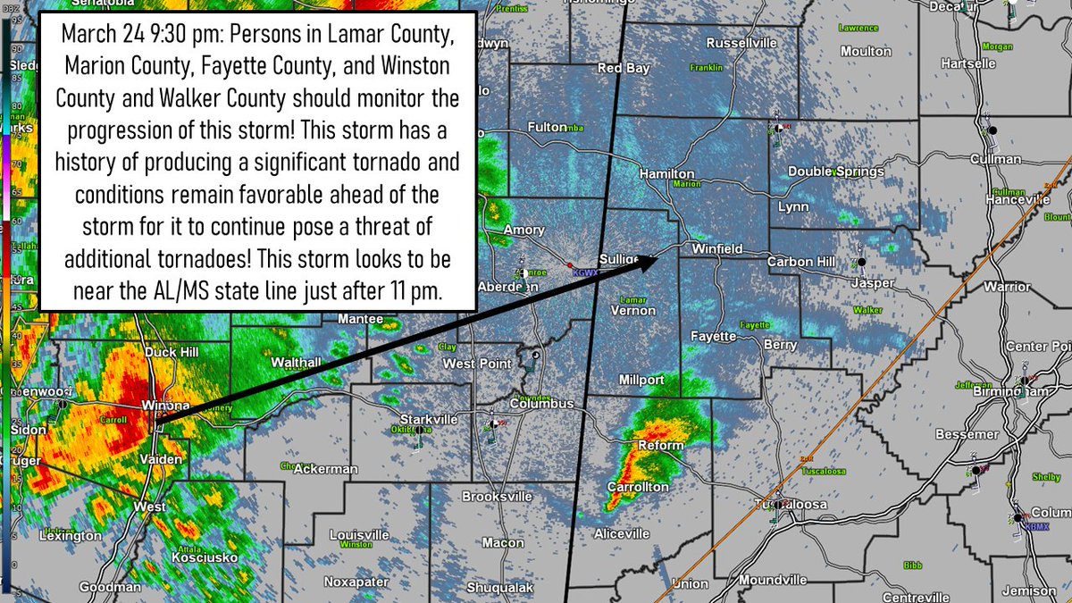 9:30 pm: ⚠️HEADS UP! This is a very dangerous storm headed toward the northwestern part of central Alabama. Please pay attention to the weather over the upcoming hours! #alwx
