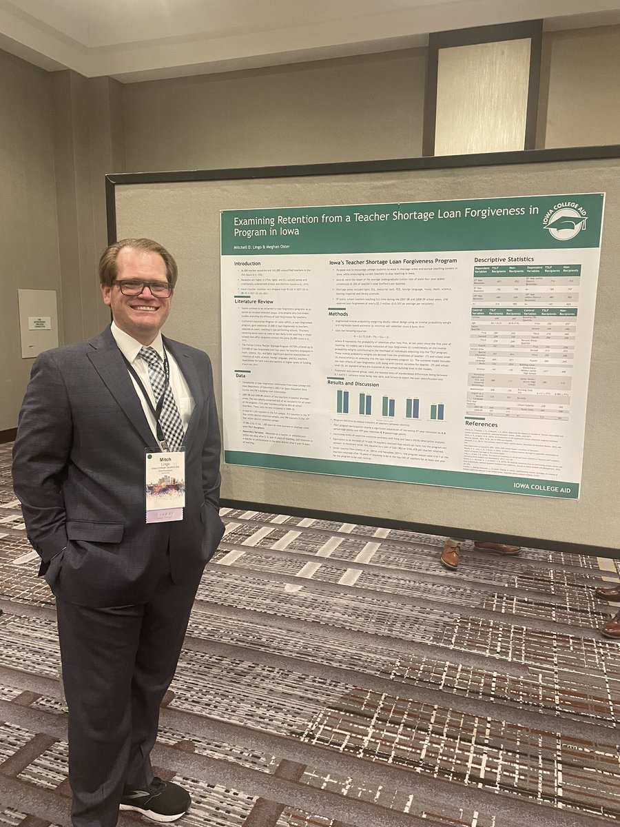 LitchMingo's tweet photo. My contribution to #AEFP2023. Very happy with it. Iowa’s Teacher Shortage loan Forgiveness Program led to increases of 6.6% after 5 years and 8.9% after 10 years for retention of recipients. For a policy widely used by states, it really is understudied. https://t.co/0y7ZHjBSsM