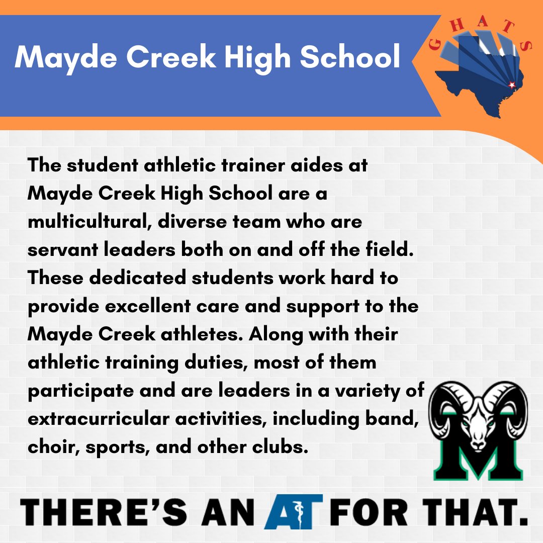 GHATSdotORG's tweet photo. (2/2) There's an AT for exemplary student-athlete healthcare: Mayde Creek High School. #NATM2023 #TheresAnATForThat #AT4me @NATA1950 @SWATAD6 @tsata_team @TexasSSAT https://t.co/IiFdtpVAVS