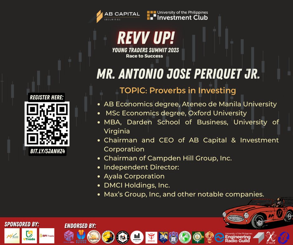 UPIC_PH's tweet photo. Wanna learn more about proverbs in investing?

For the fourth lecture of Young Traders Summit 2023, we are proud to present Mr. Antonio Jose Periquet Jr., Chairman and CEO of our collaboration partner, AB Capital and Investment Corporation. https://t.co/HTI32pWqVy